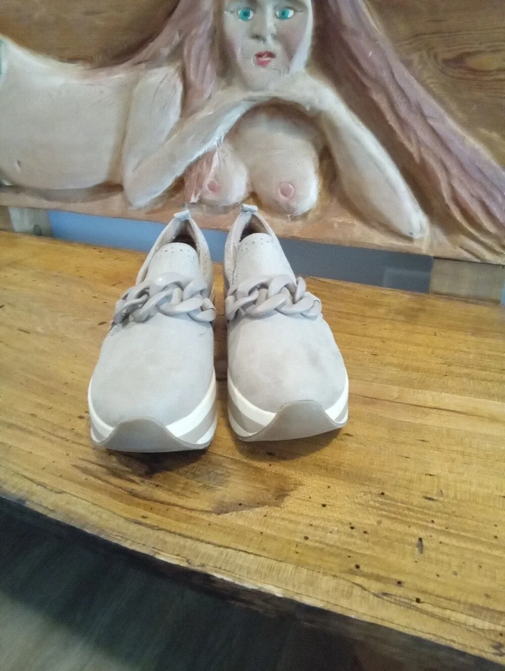 Mad Love Maryanne Sz 8 Platform Slip-On Shoes with Chain Accent Taupe Loafers